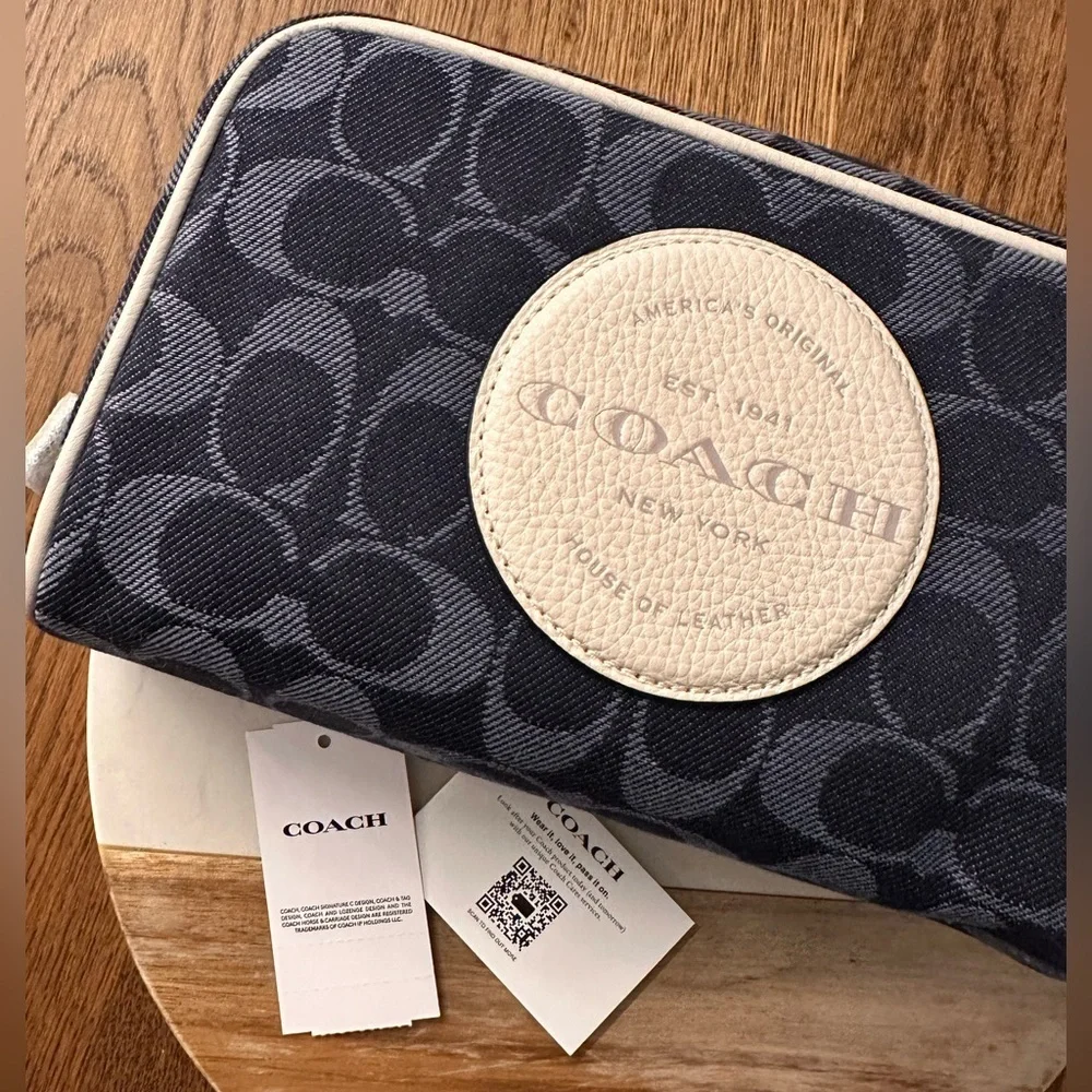 NWT! NEW! Coach Dempsy Large Cosmetic Bag Pouch Denim Jacquard Cream Logo Women